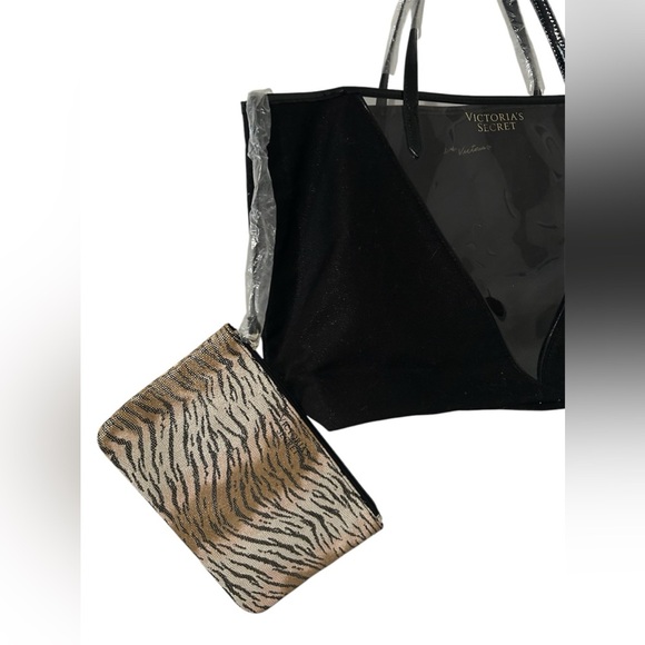 Victoria’s Secret NWT black shoulder tote with attached tiger striped mi… - Picture 3 of 10